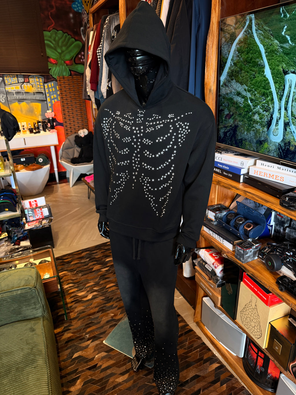 Skeleton Stars Embroidered Oversized Hoodie - Black