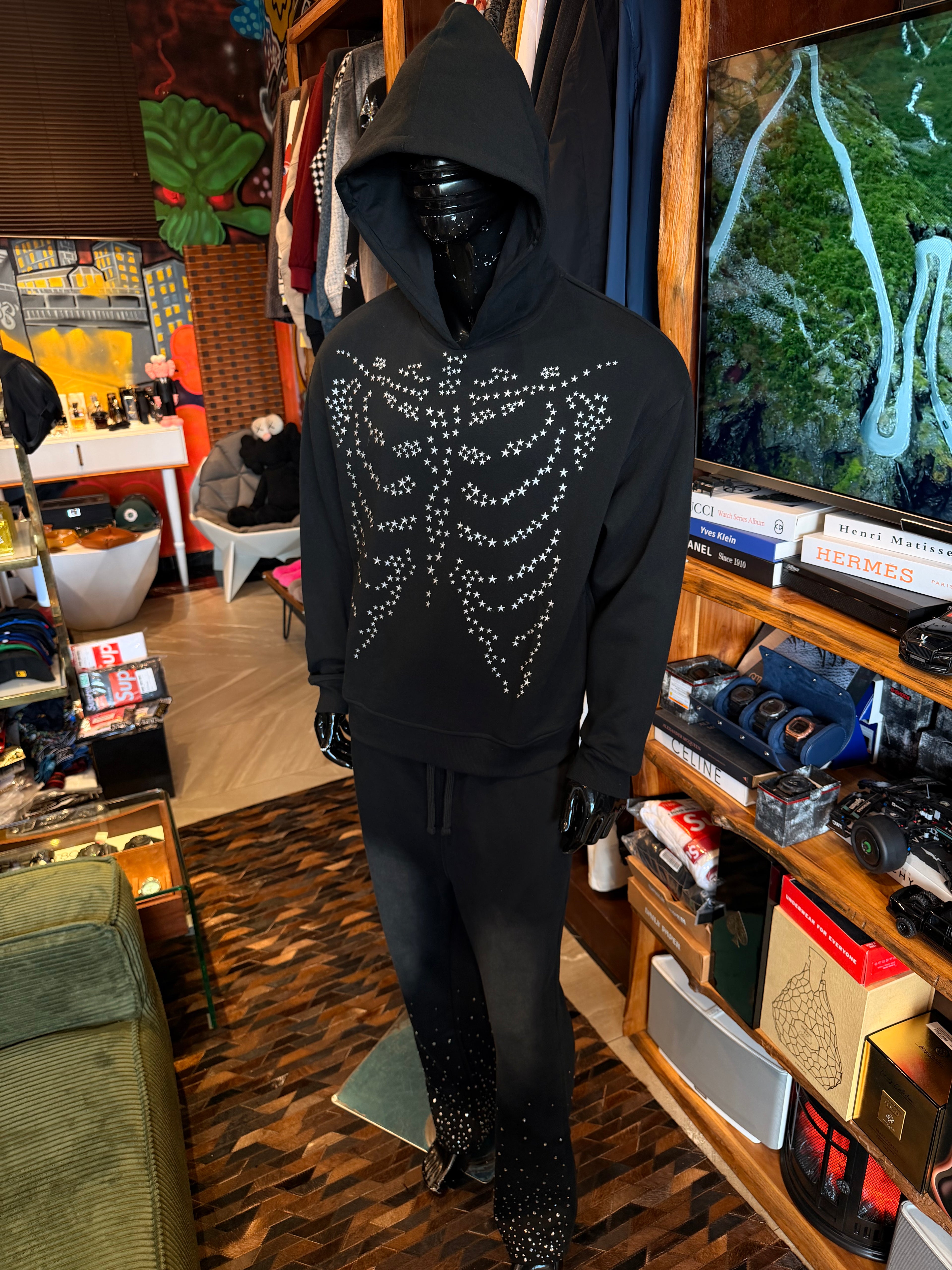 Skeleton Stars Embroidered Oversized Hoodie - Black
