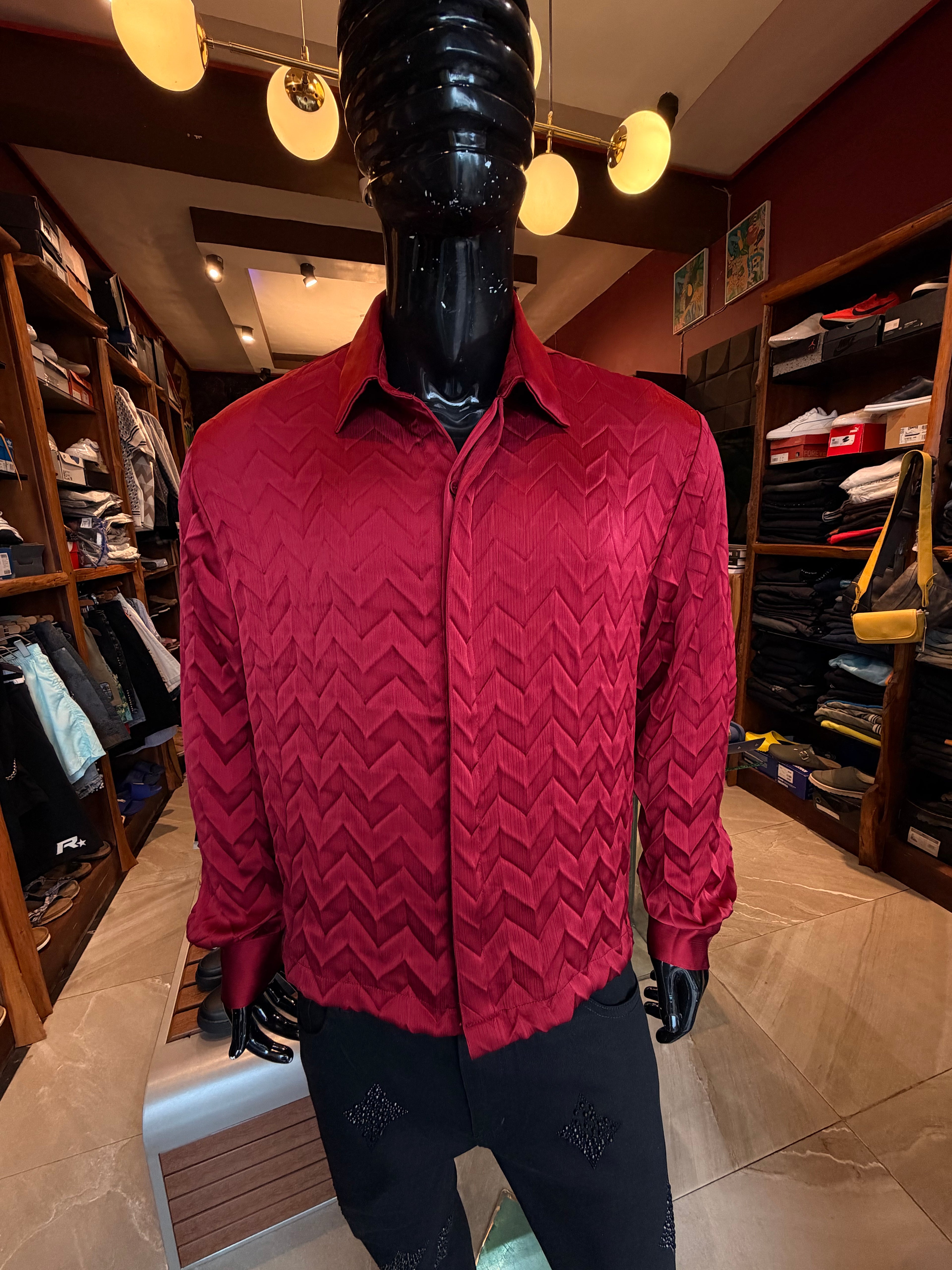 Prism Weave Button Up Shirt - Burgundy