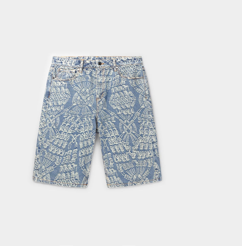 MID BLUE MACRAME DENIM SHORTS