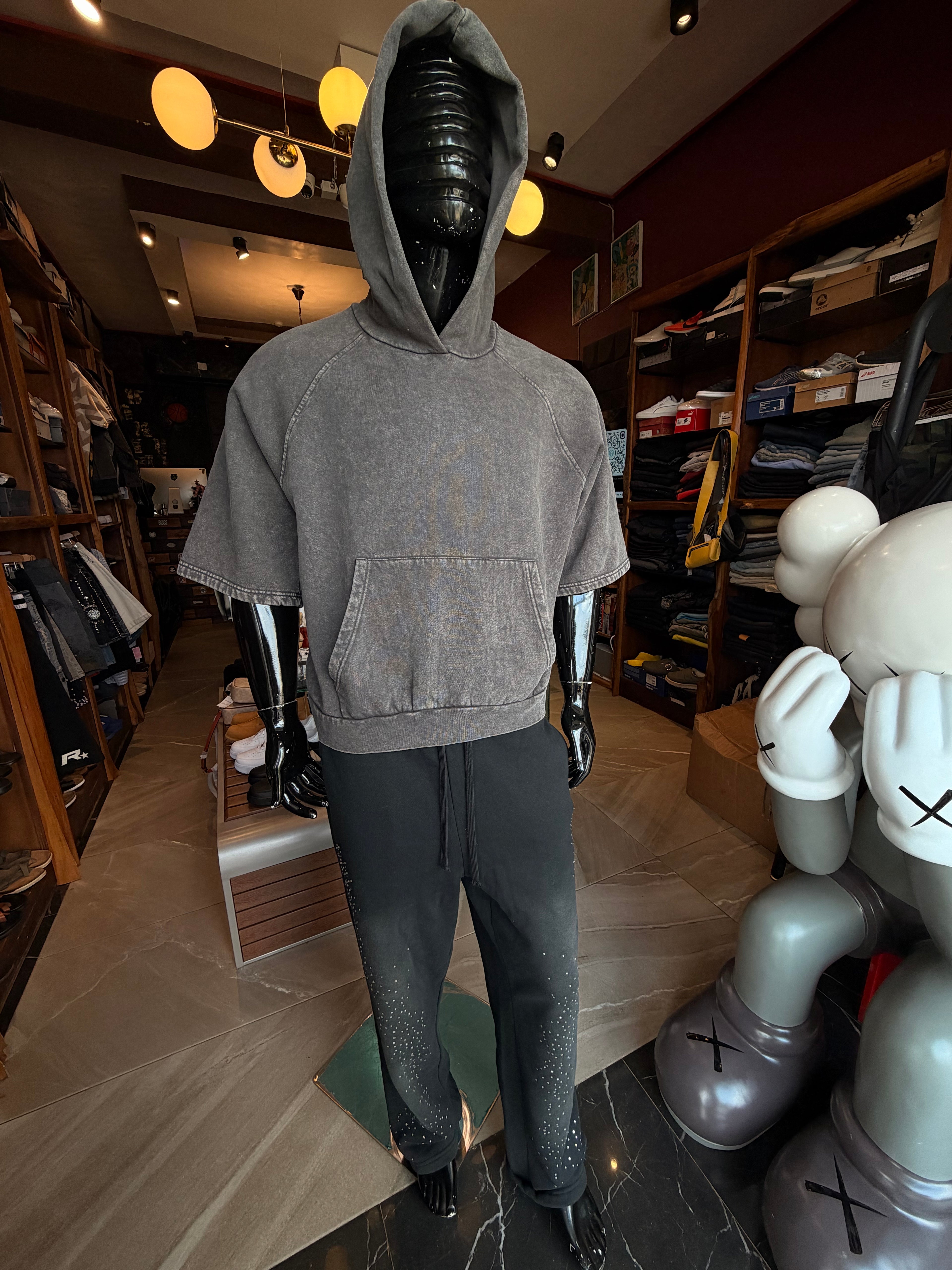 Washed Short Sleeve Hoodie - Charcoal