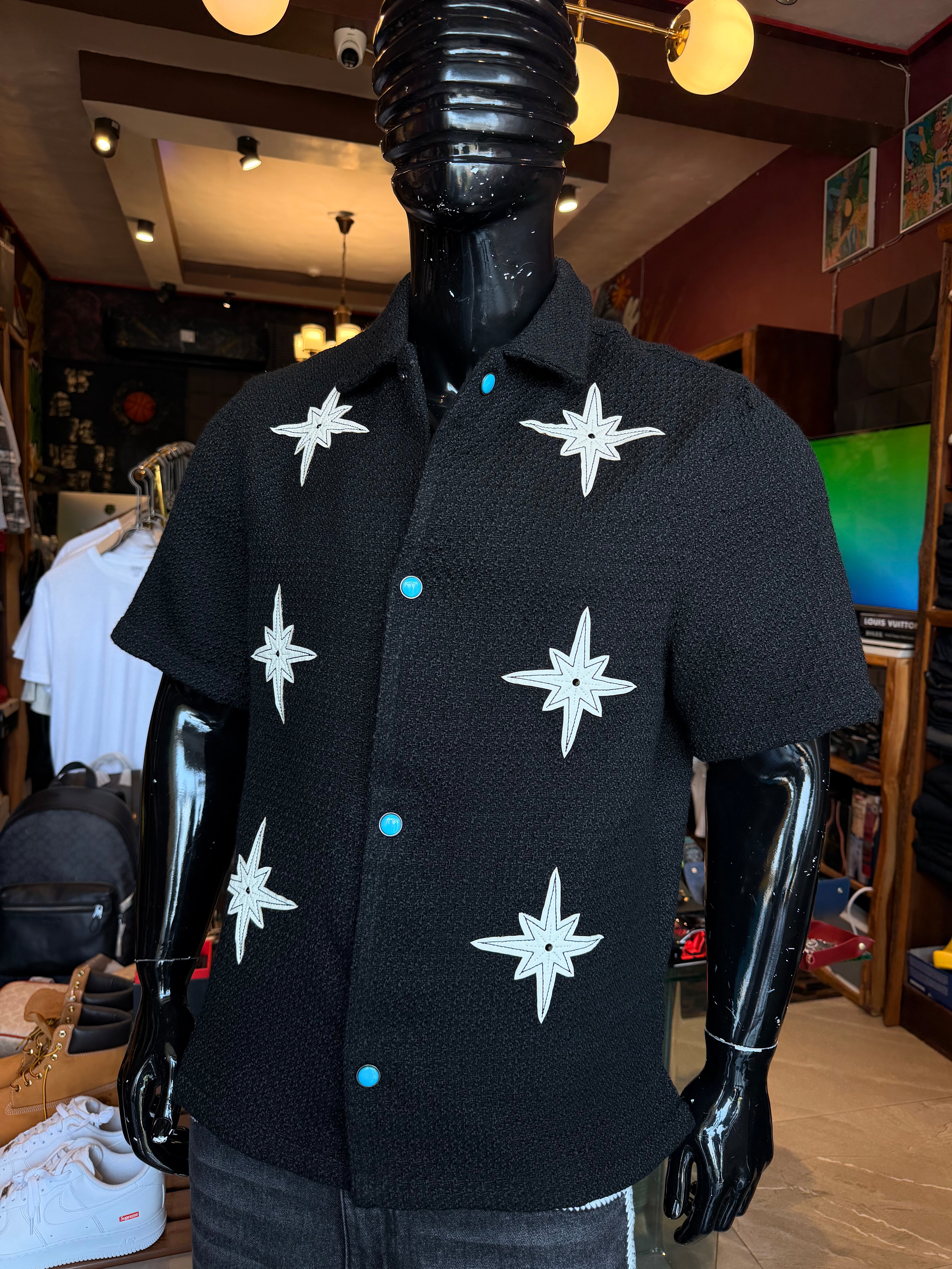 Tweed Bright Etoile Button Up Shirt - Black