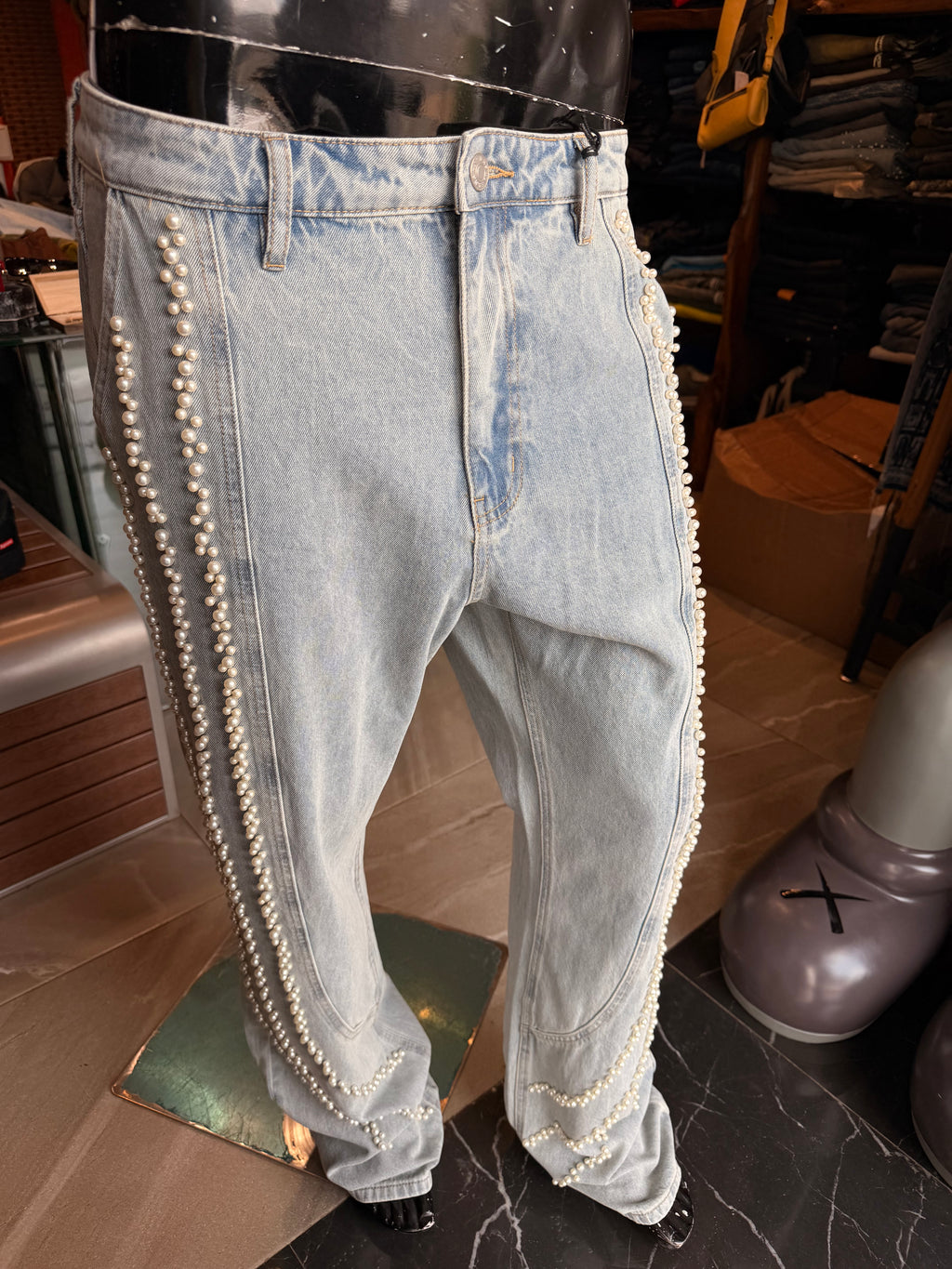 Stacked Slim Flare Pearl Stripe Jean - Light Wash