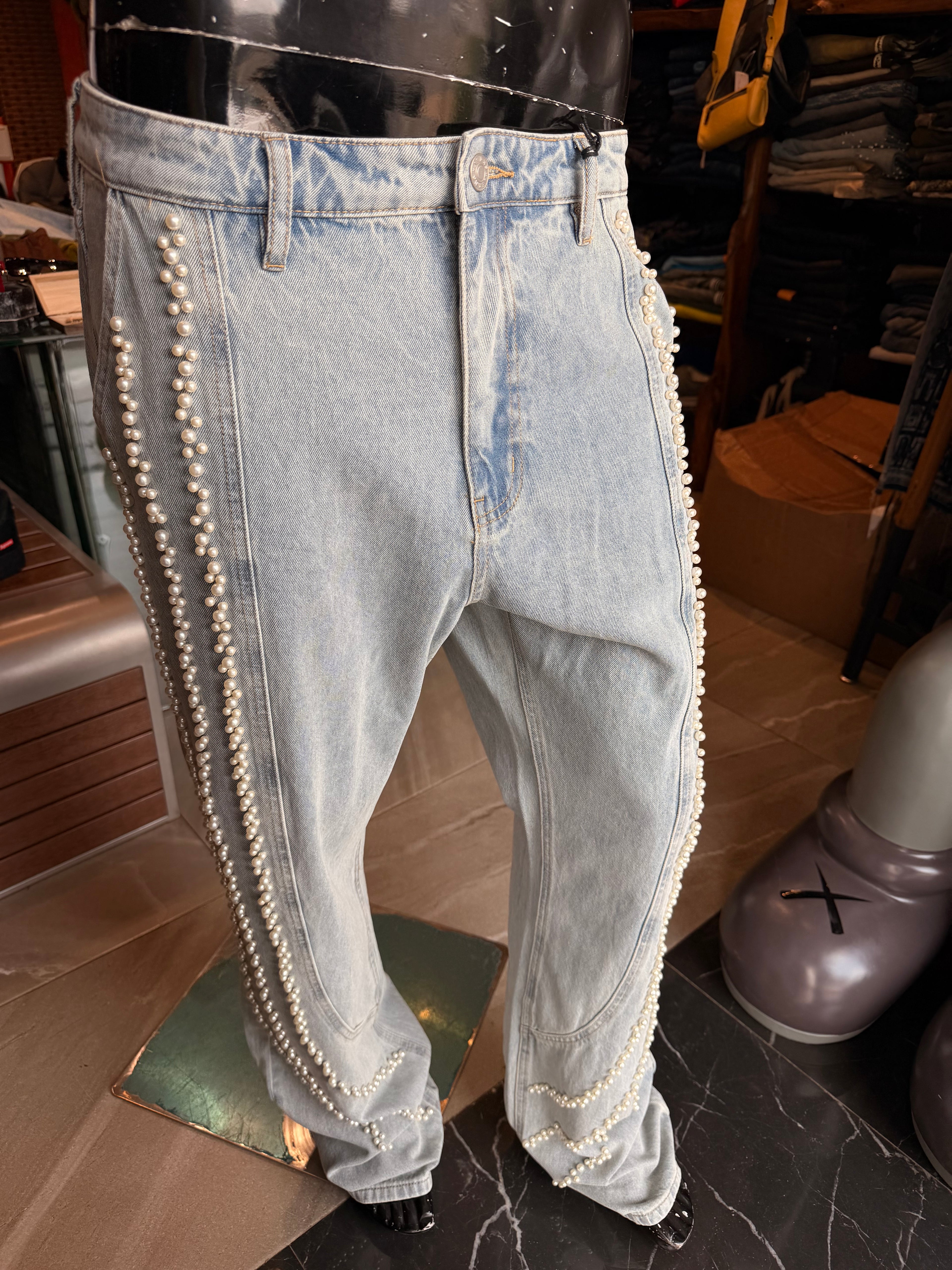 Stacked Slim Flare Pearl Stripe Jean - Light Wash
