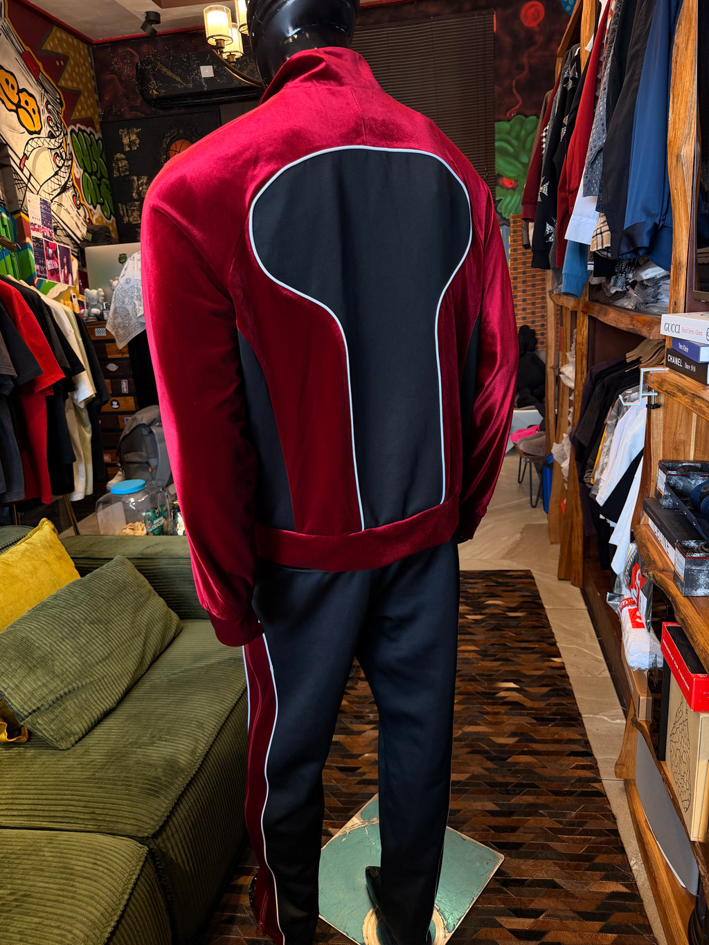 Relaxed Lexington Funnel Neck Velour Track Jacket - Burgundy