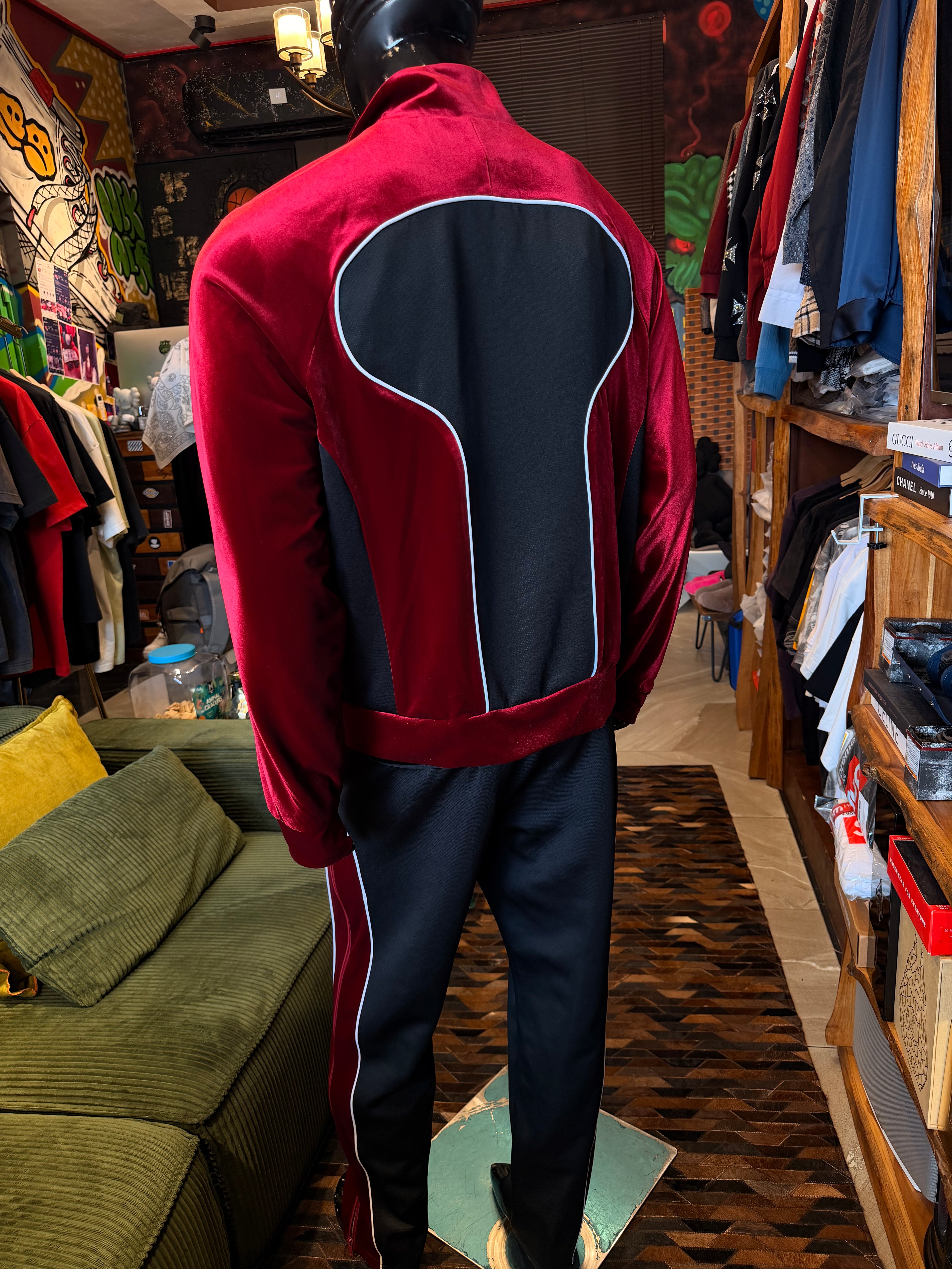 Relaxed Lexington Funnel Neck Velour Track Jacket - Burgundy