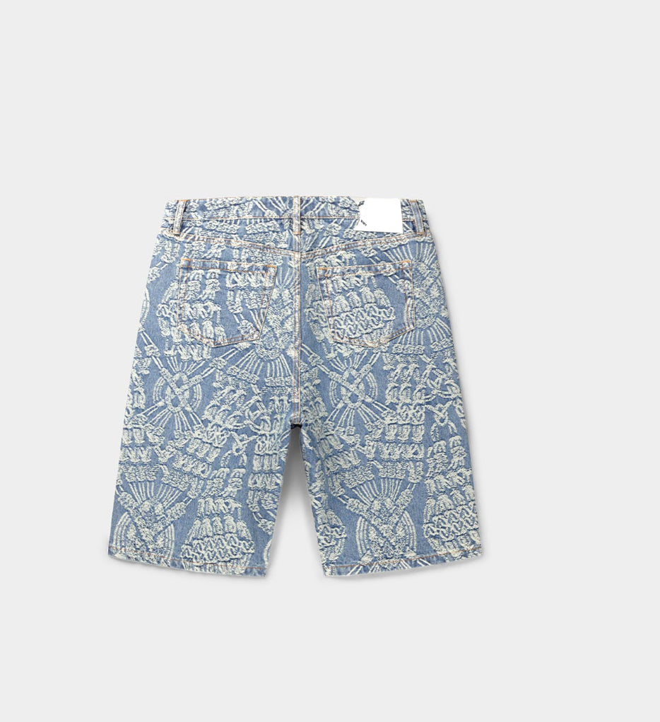 MID BLUE MACRAME DENIM SHORTS