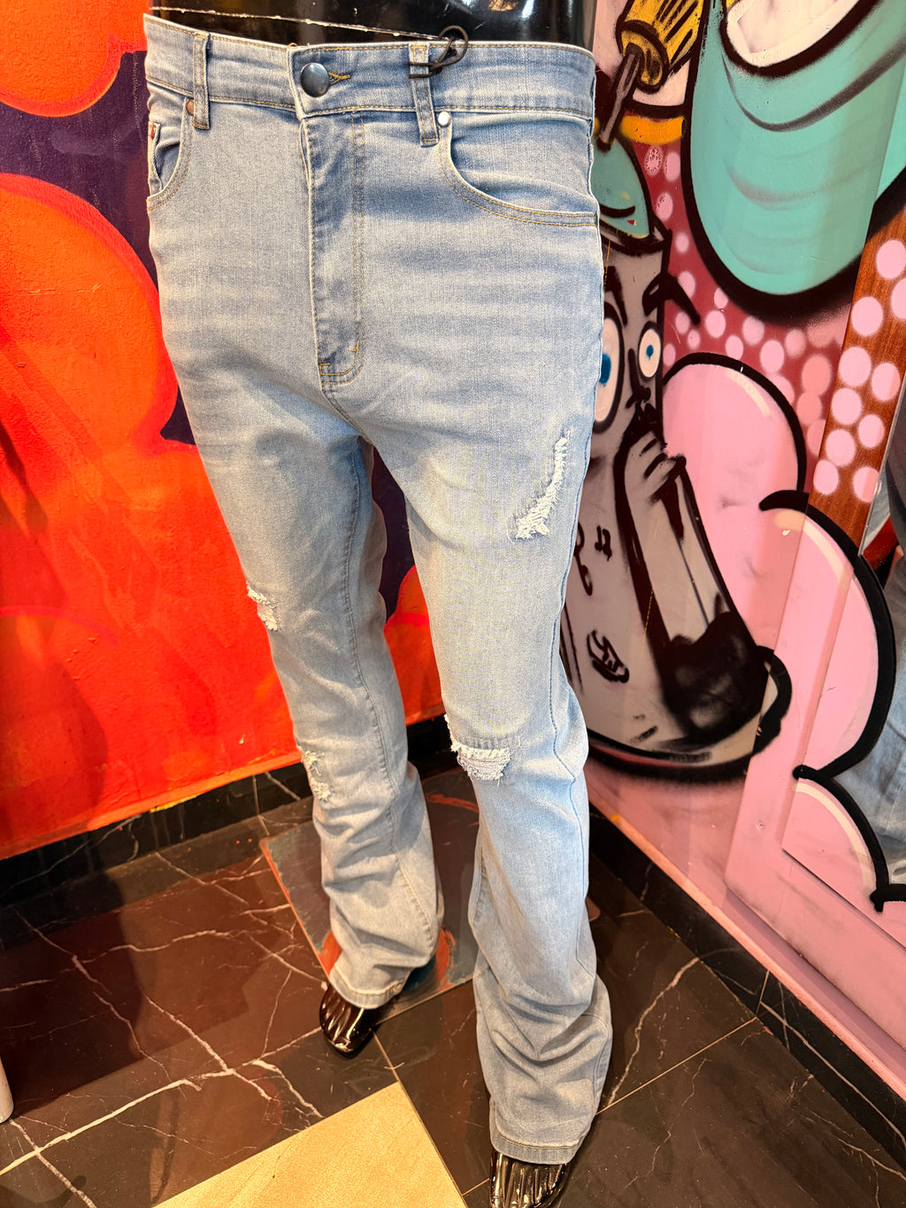 Stacked Skinny Flare Threaded Destroyed Jeans - Light Blue Wash