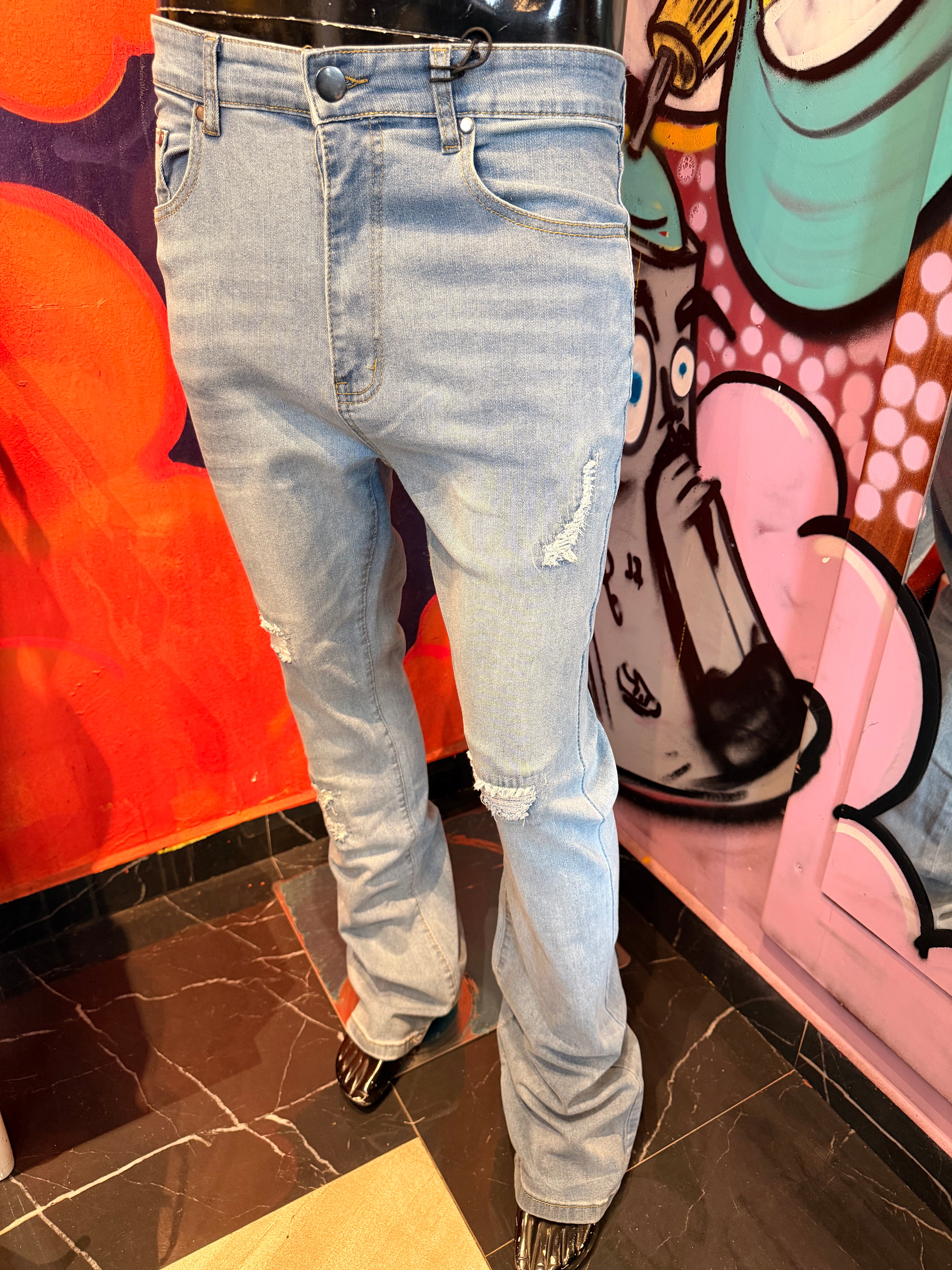 Stacked Skinny Flare Threaded Destroyed Jeans - Light Blue Wash