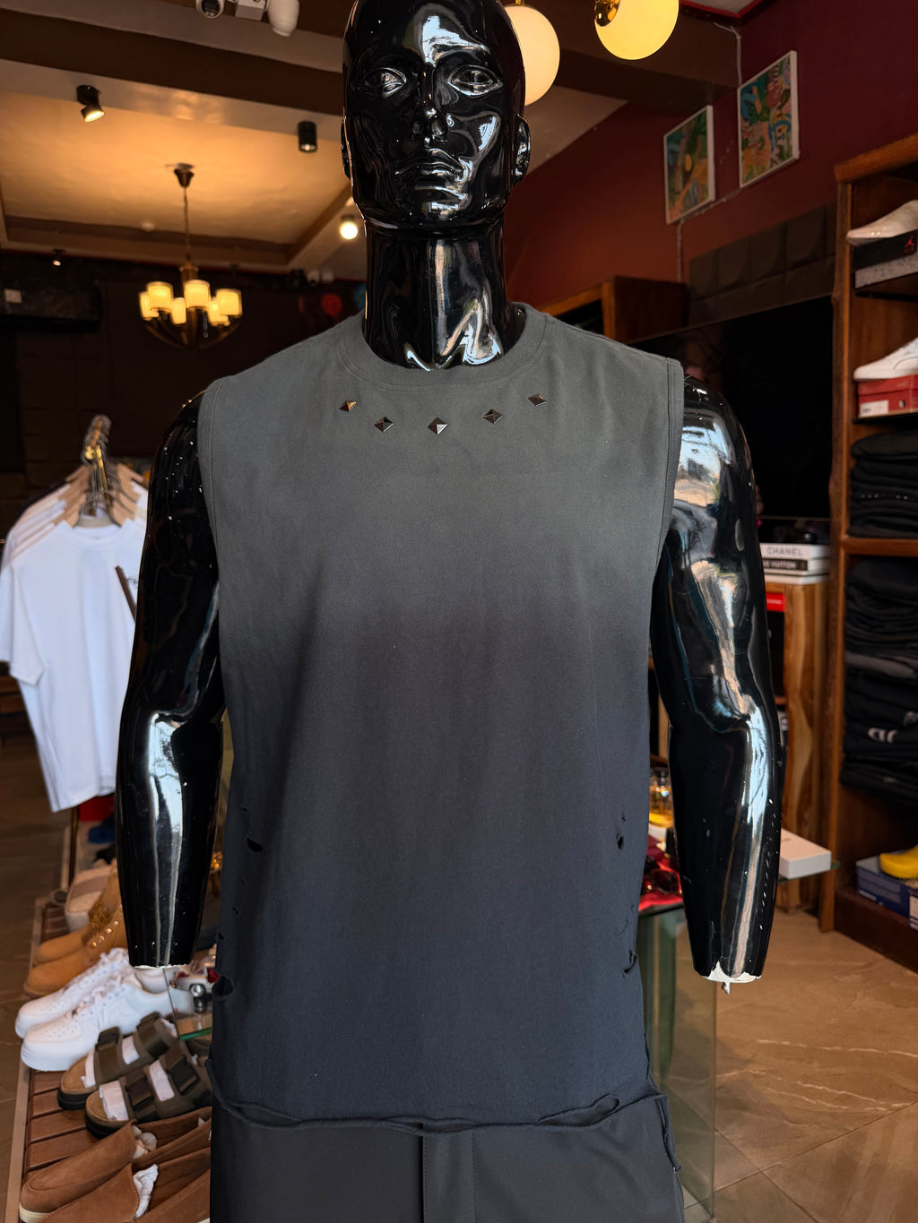 Washed Embellished Muscle Tee - Black