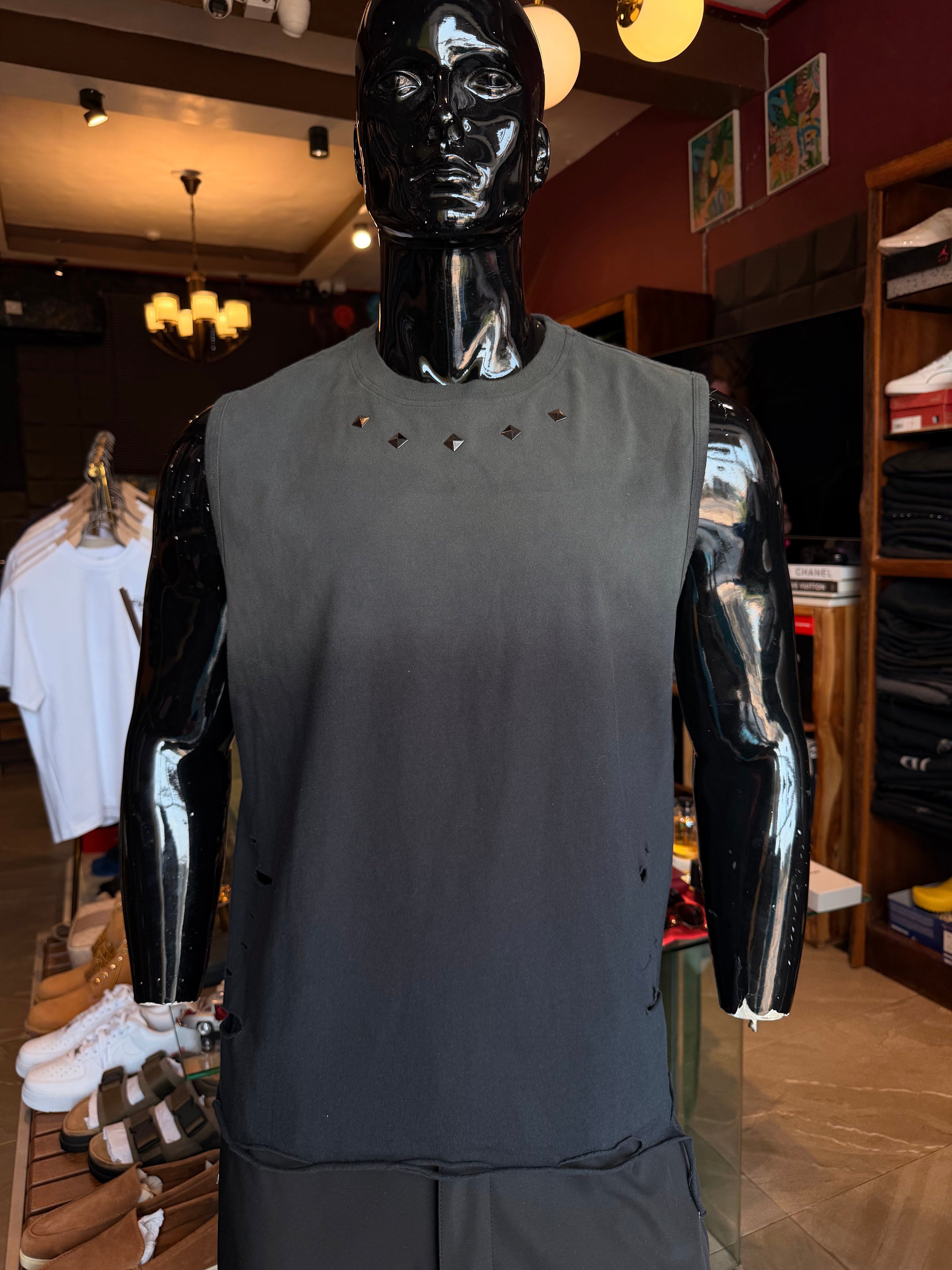 Washed Embellished Muscle Tee - Black
