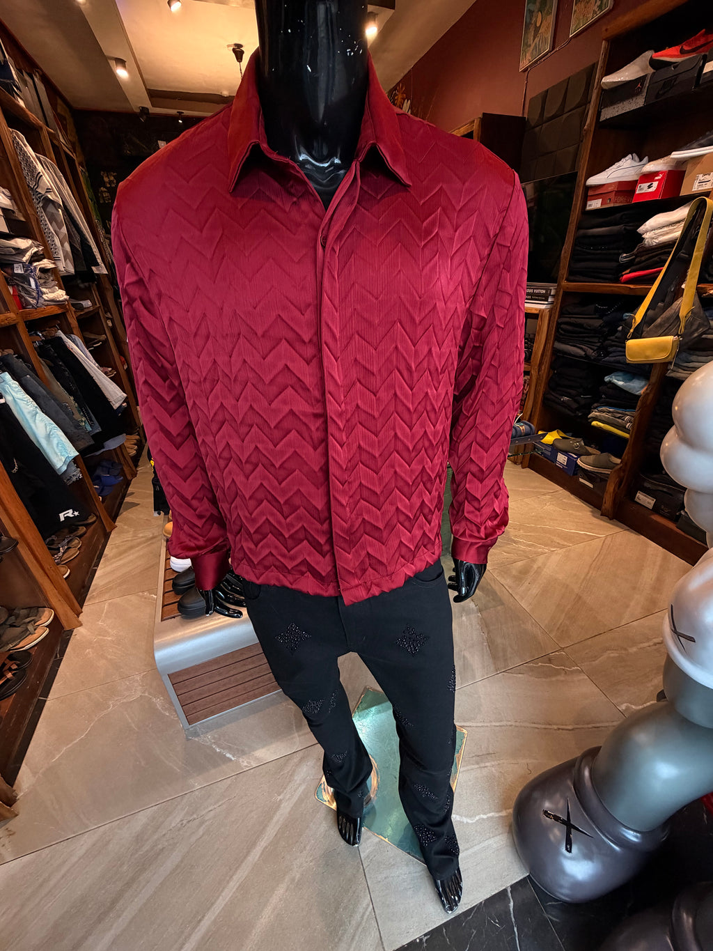 Prism Weave Button Up Shirt - Burgundy