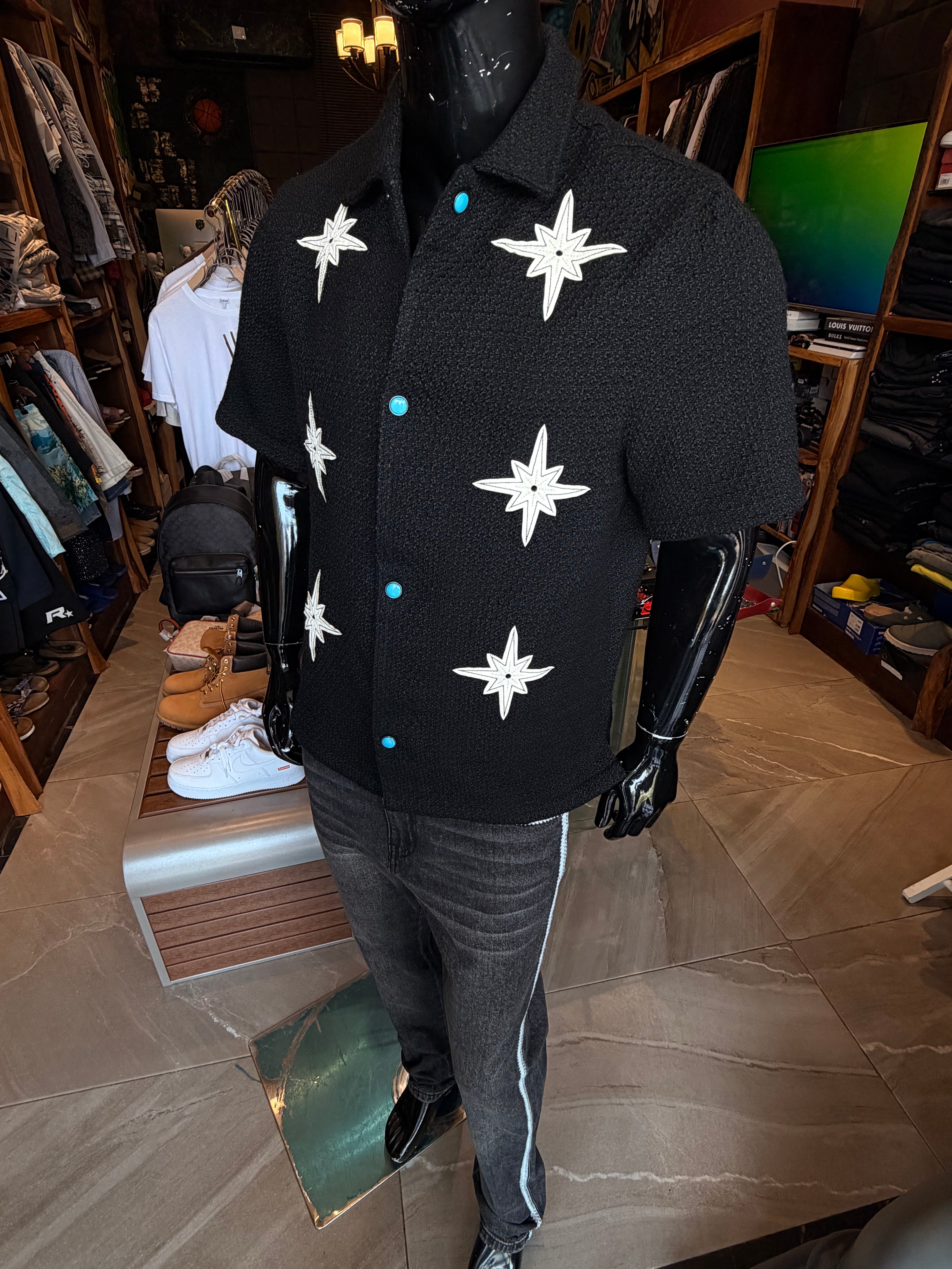 Tweed Bright Etoile Button Up Shirt - Black