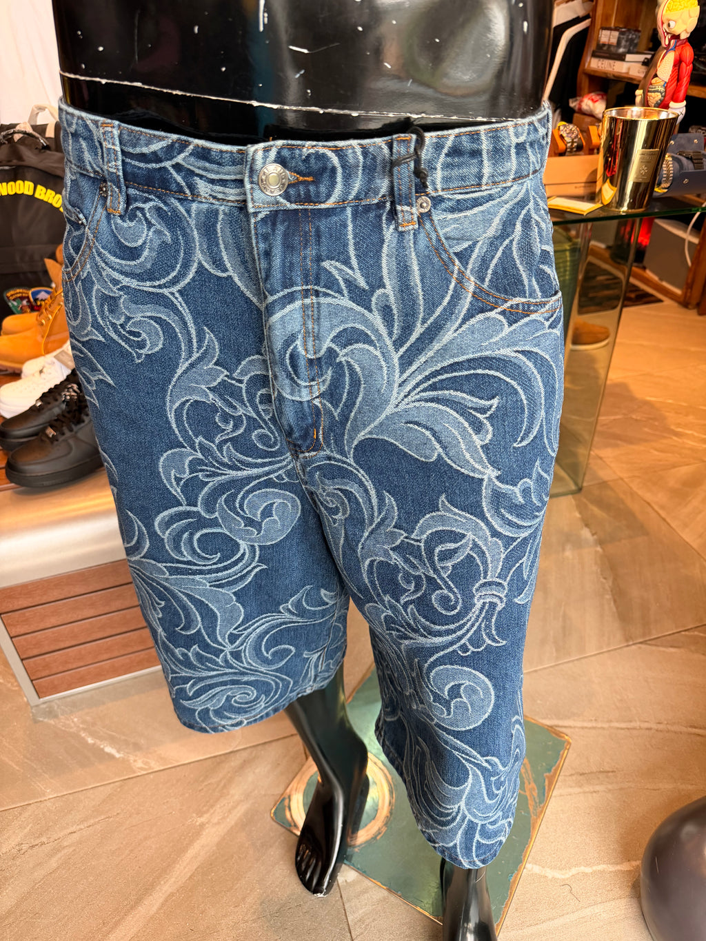 Baggy Baroque Jacquard Denim Shorts - Medium Blue Wash