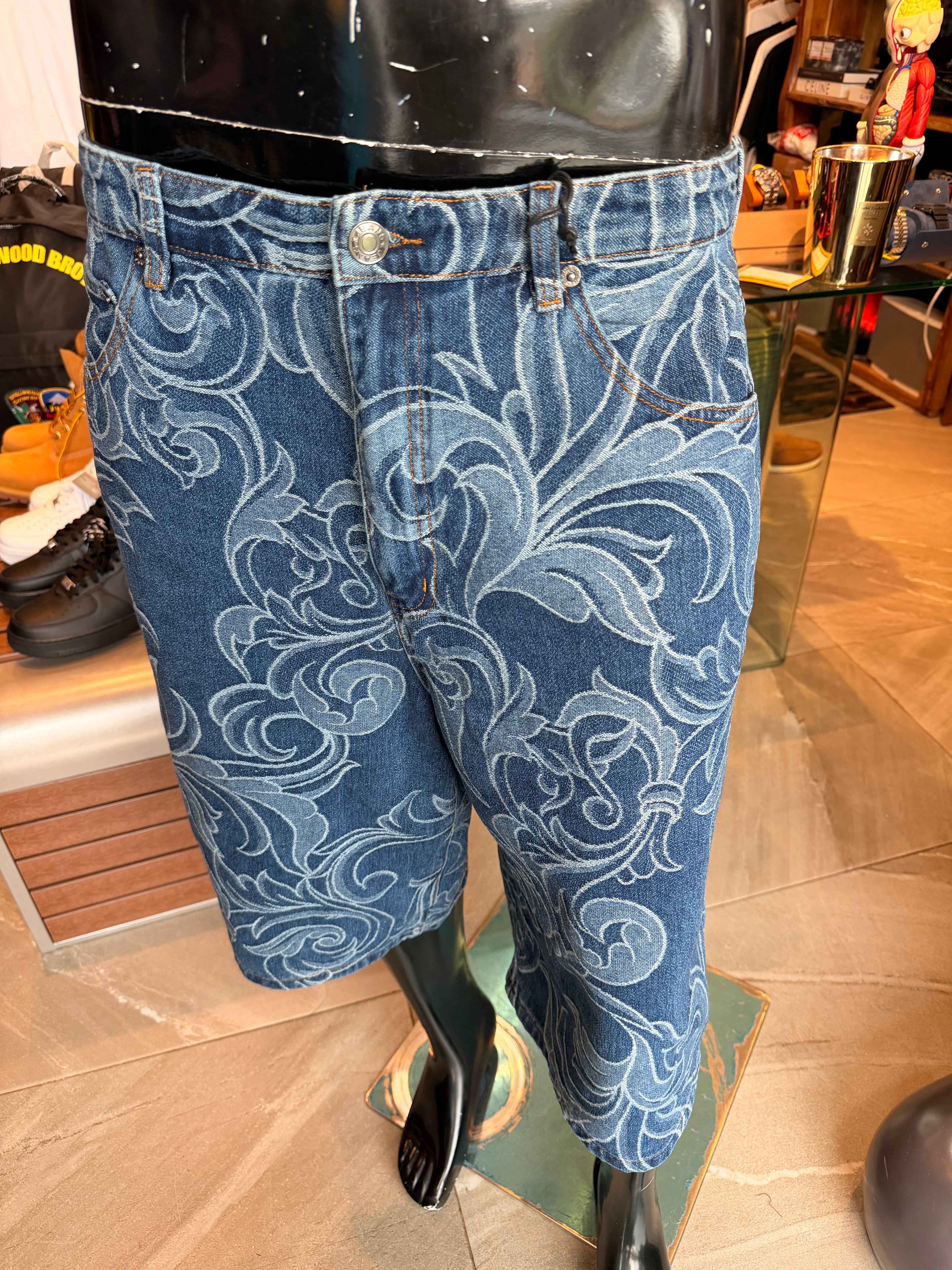 Baggy Baroque Jacquard Denim Shorts - Medium Blue Wash