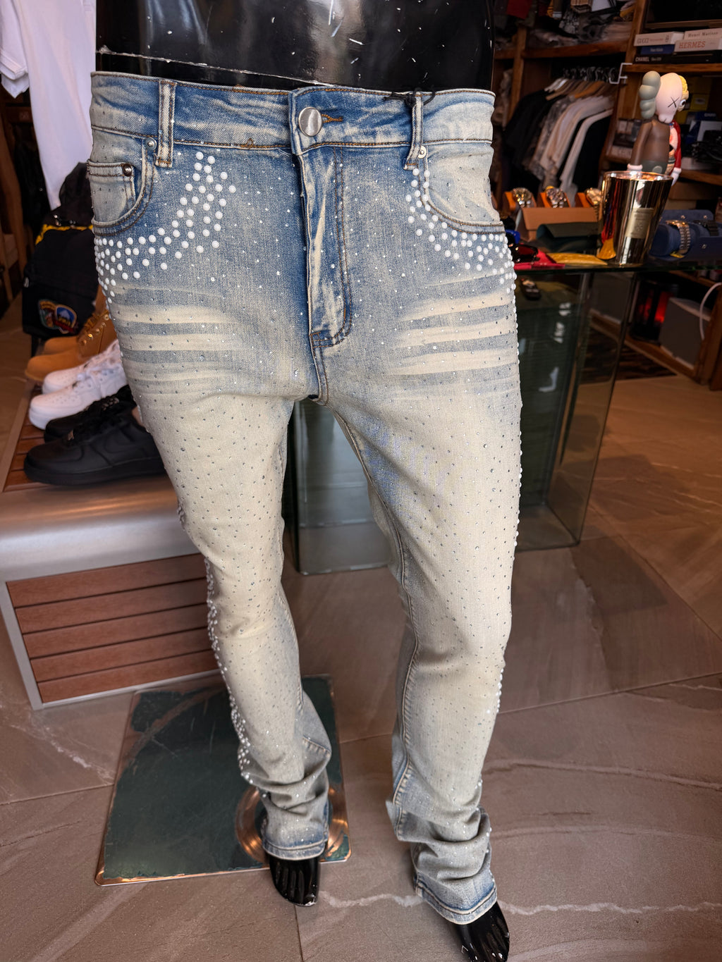 Stacked Skinny Flare Fancy Me Pearls With Jewel Jean - Medium Wash