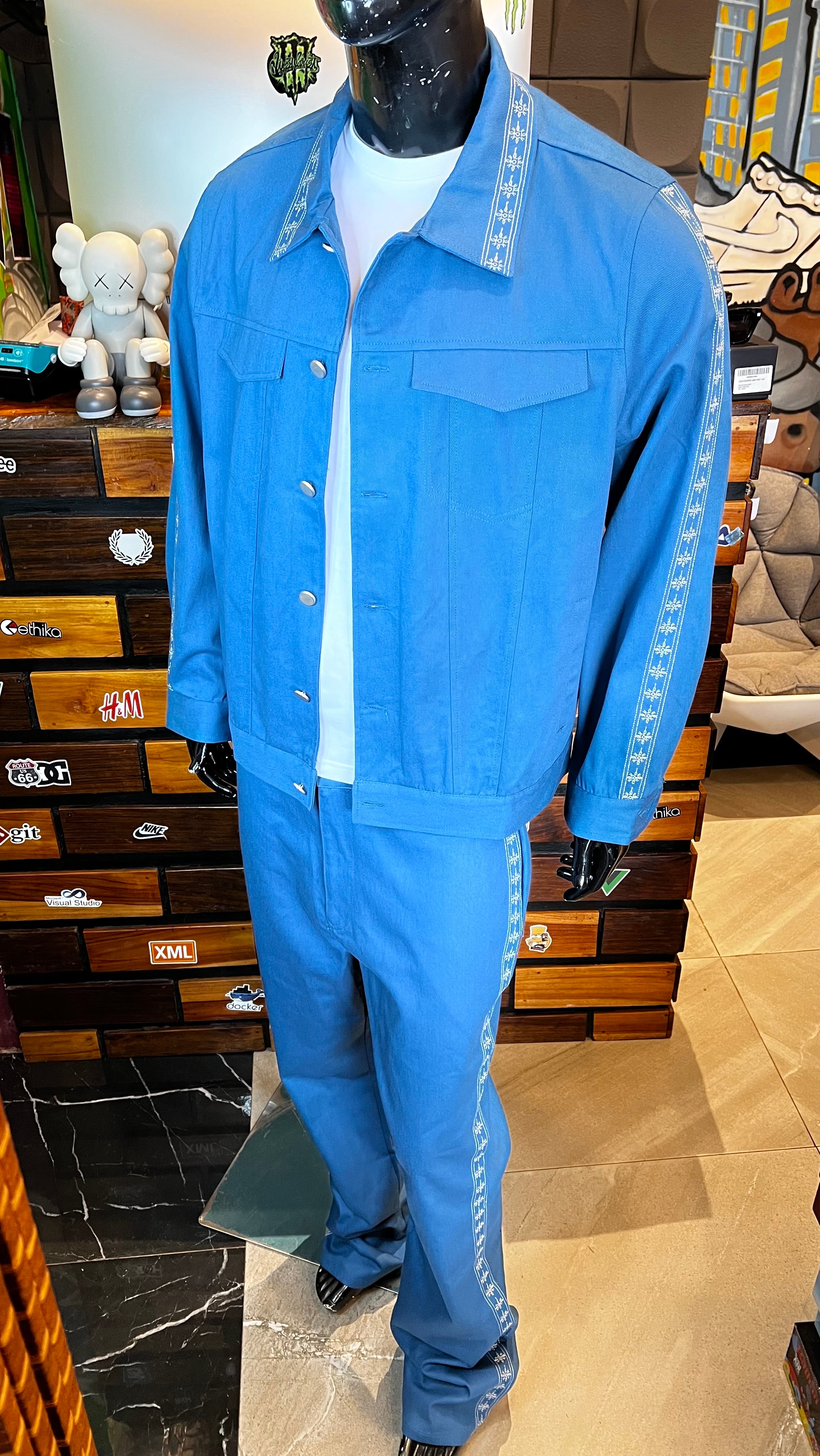 Stacked Slim Flare On A Loop Embroidered Stitch Pant - Blue