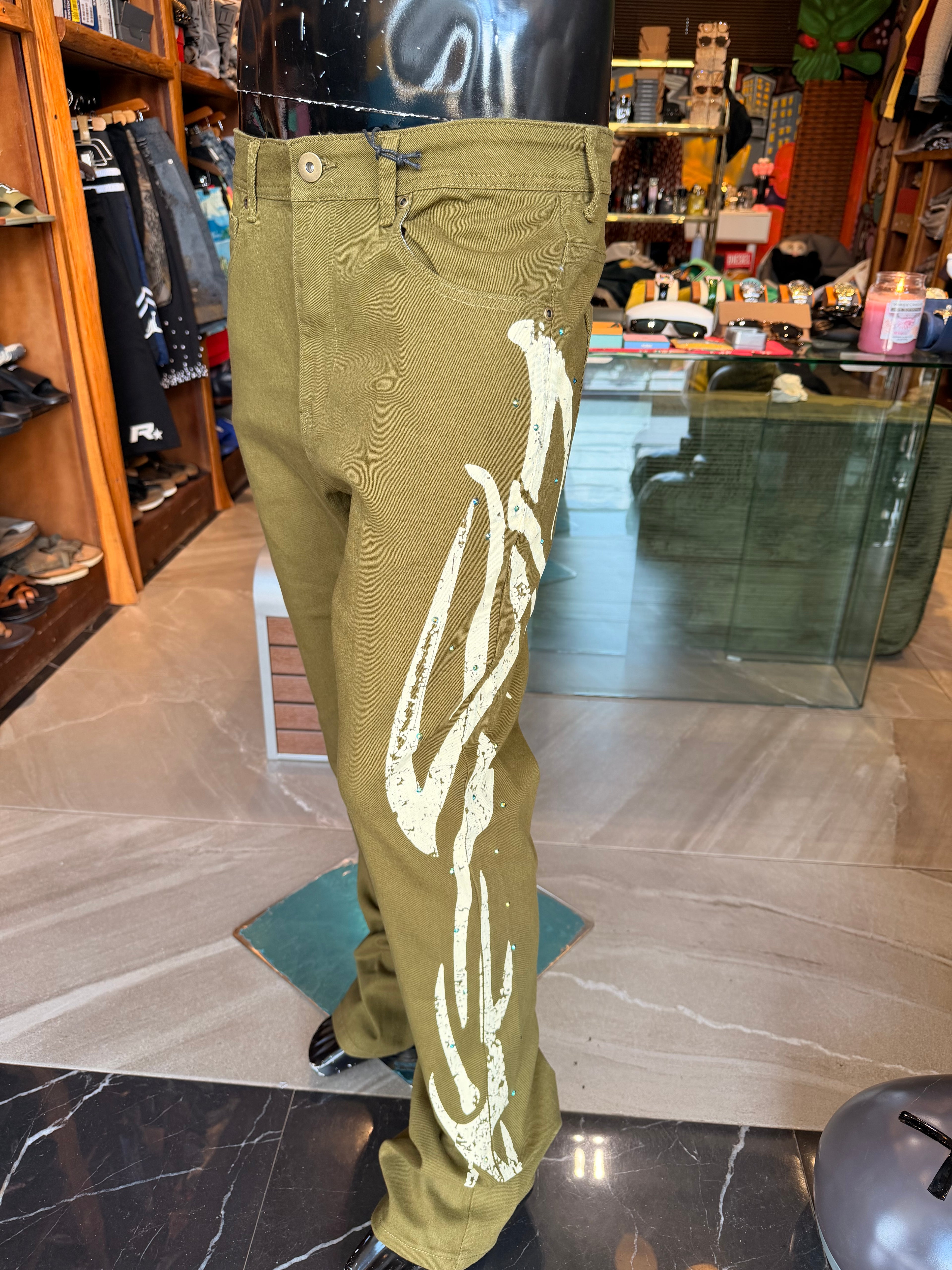 Stacked Skinny Flare Rockstar Life Jewel Pant - Olive
