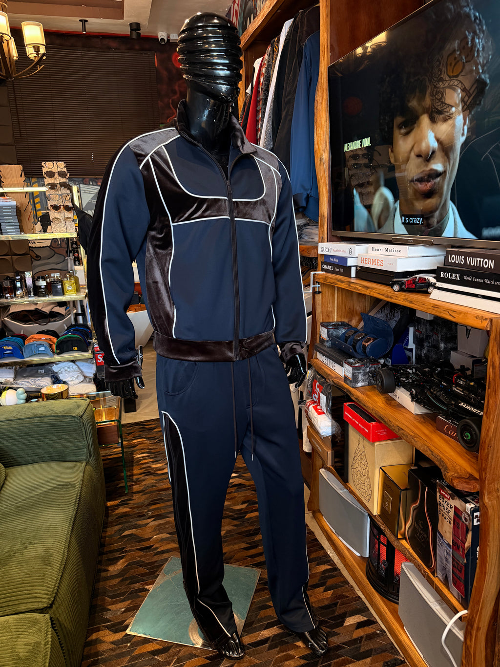 Relaxed Lexington Funnel Neck Velour Track Jacket - Navy