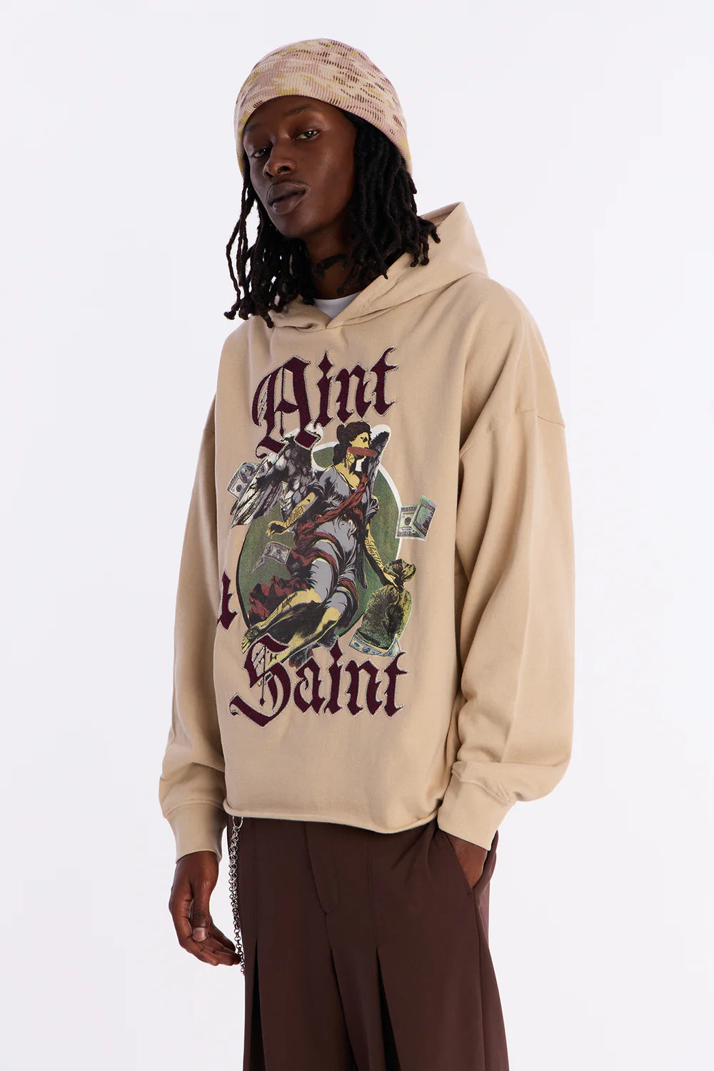 Aint A Saint Raw Hem Oversized Hoodie - Cream