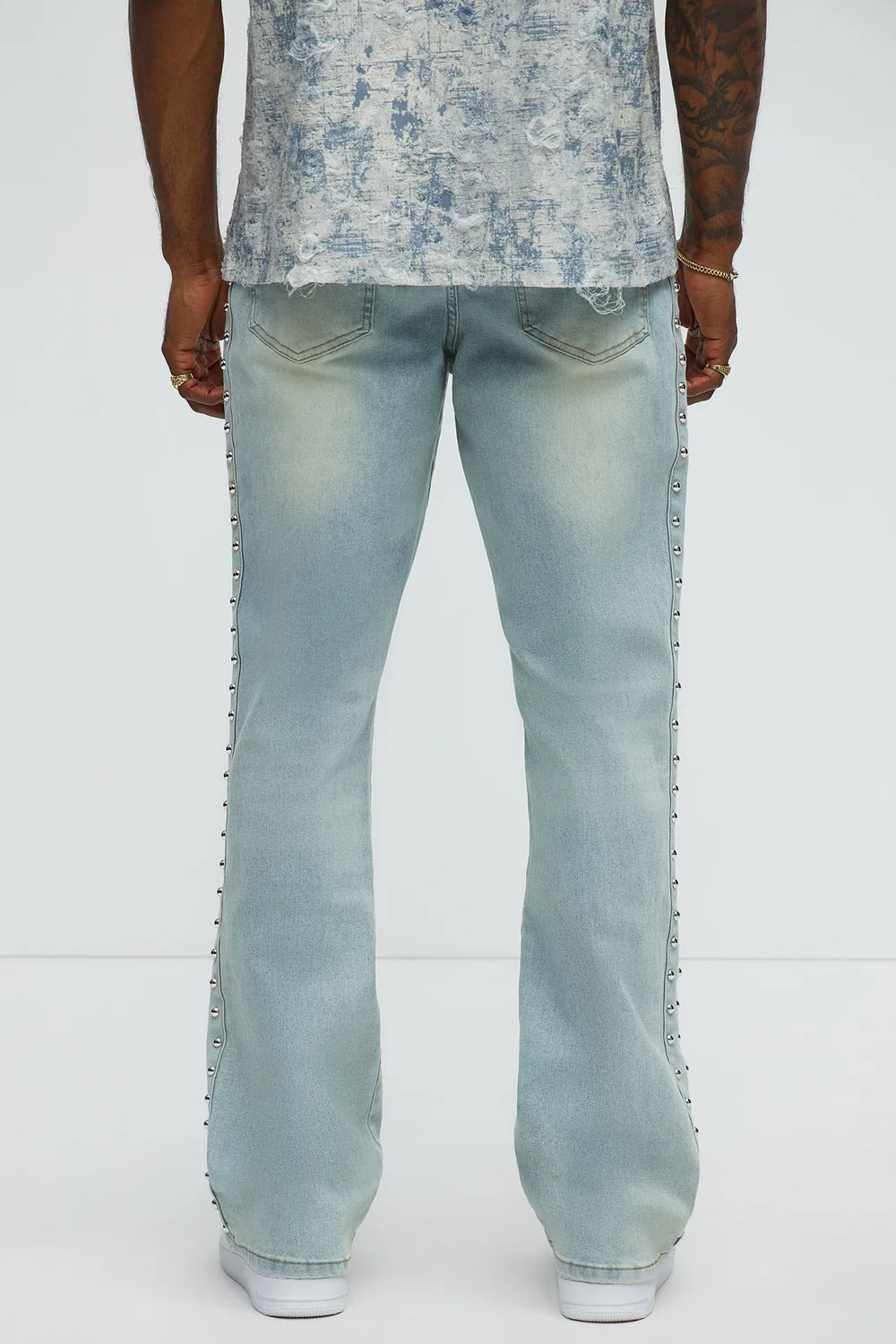 Stacked Slim Flare Stud On The Side Jeans - Light Wash