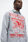 Relaxed Unrestricted Frayed Long Sleeve Button Up Shirt - Grey/combo