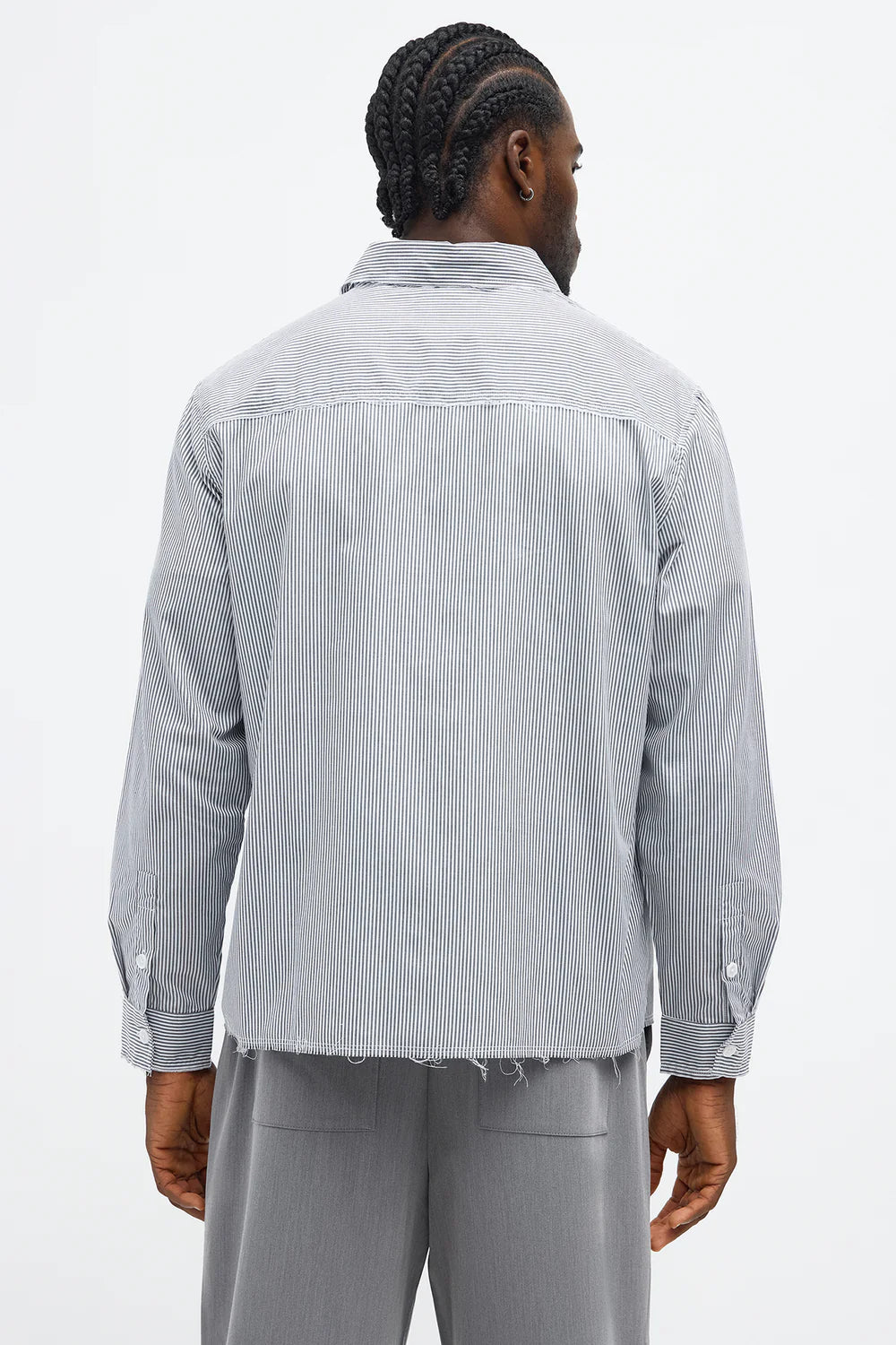 Relaxed Unrestricted Frayed Long Sleeve Button Up Shirt - Grey/combo