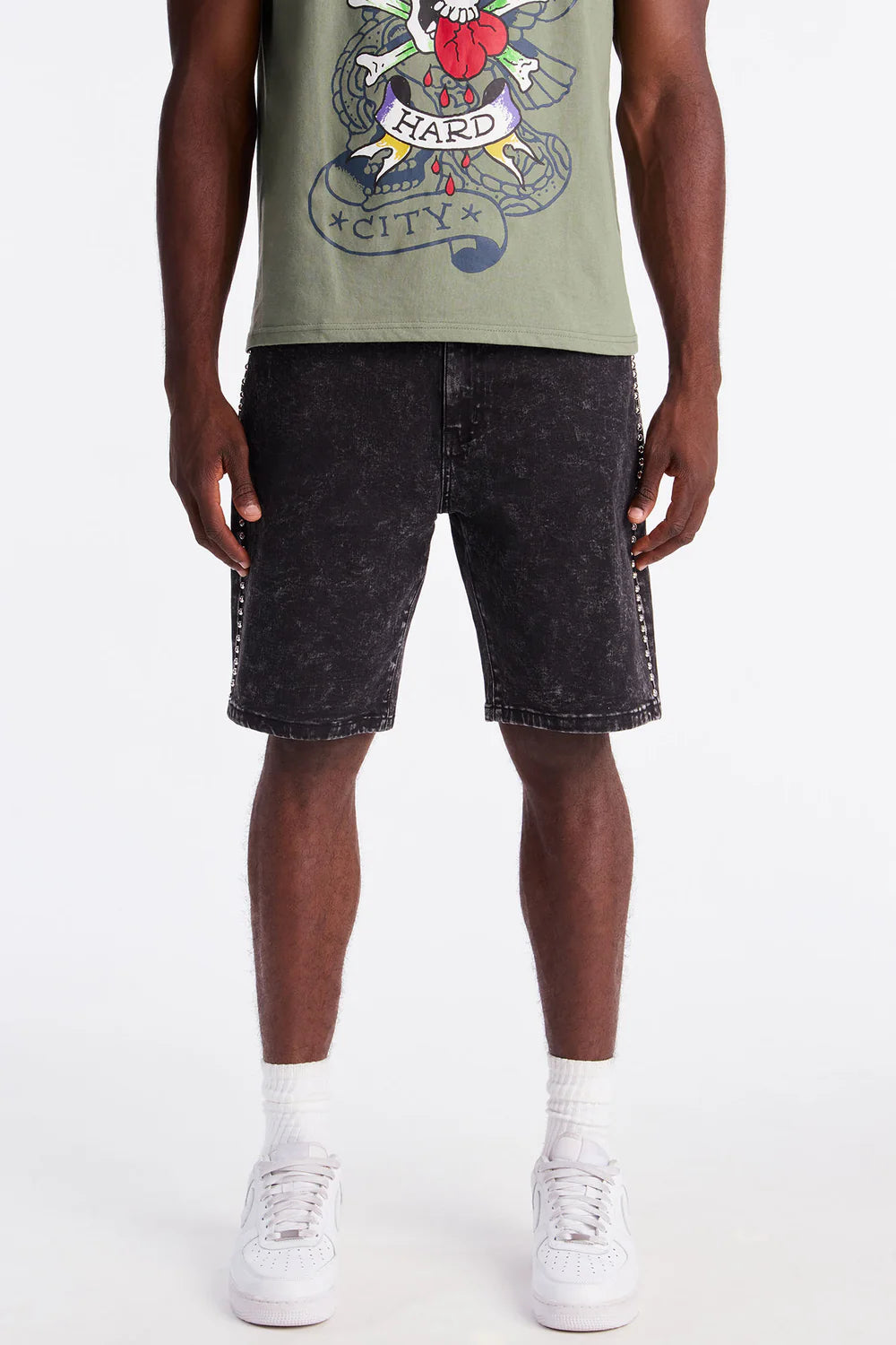 Slim Grindin Studded Denim Short - Black Wash