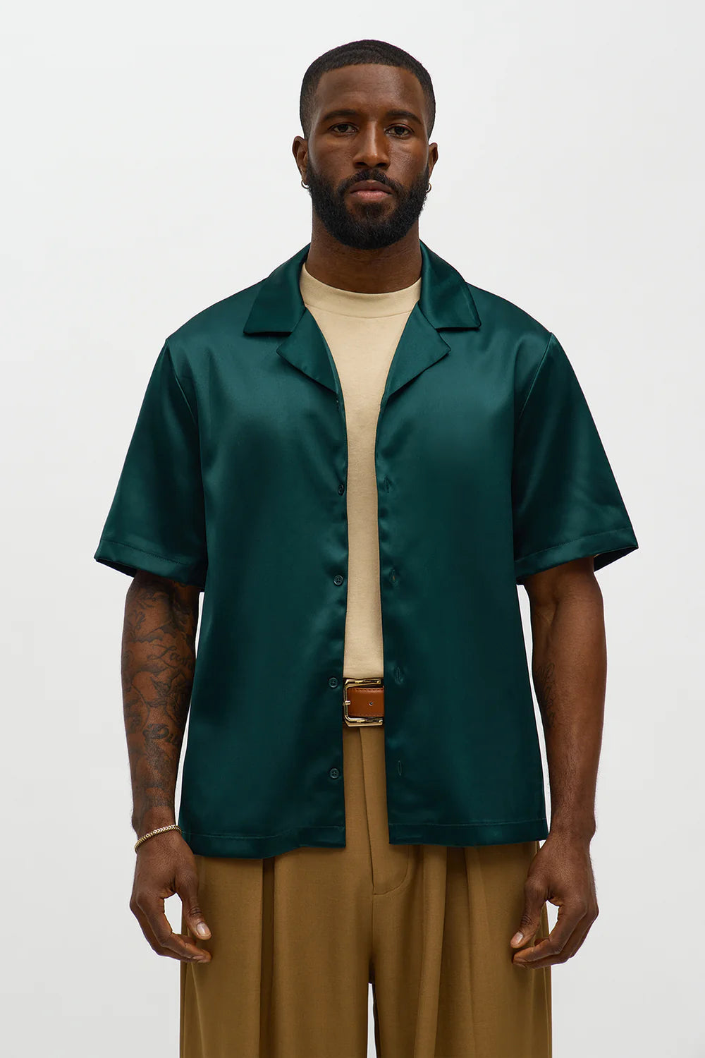 Links Satin Short Sleeve Button Up Shirt - Hunter Green