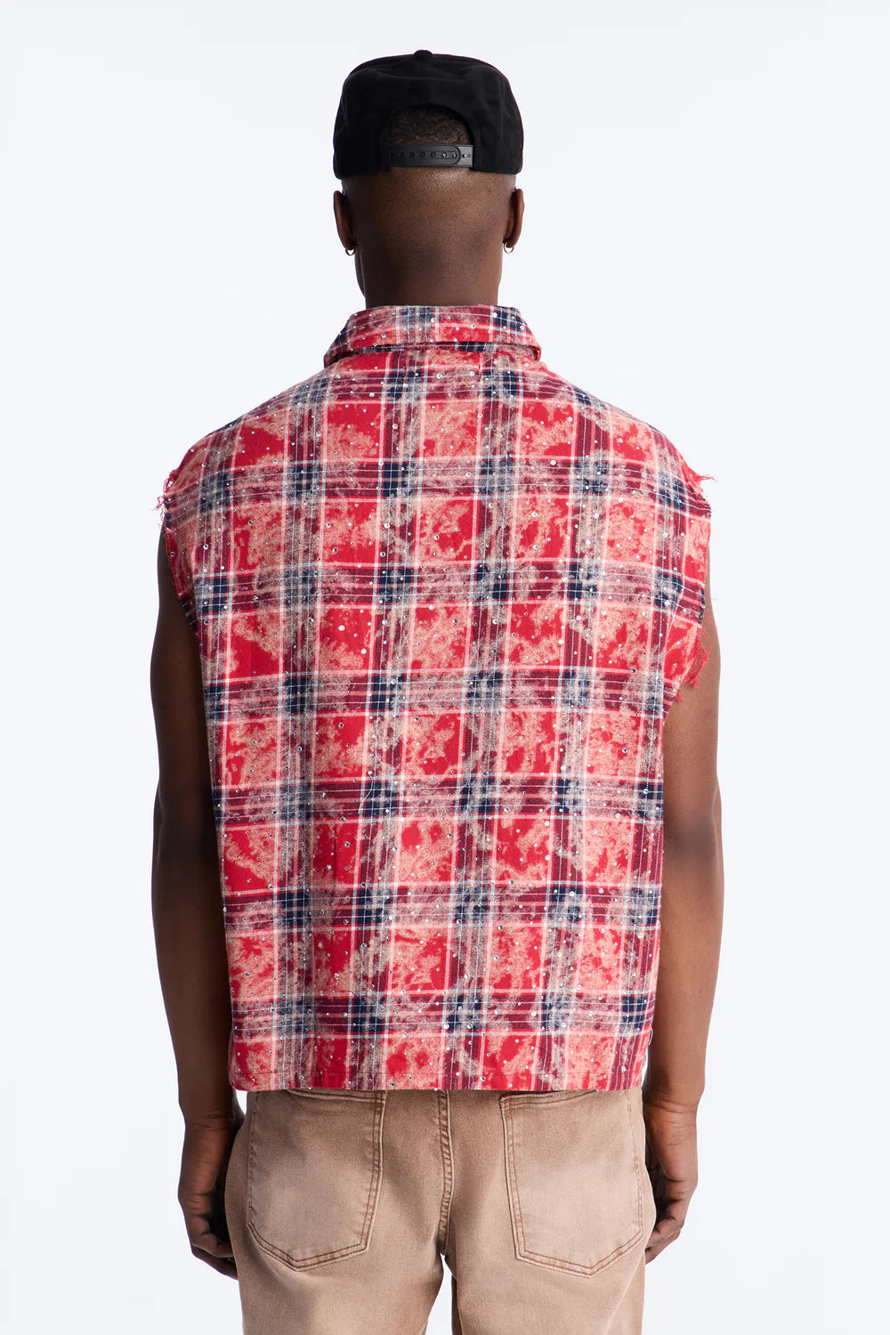 Rhinestone Rain Sleeveless Plaid Flannel - Red