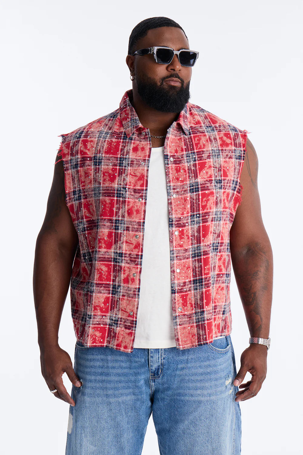 Rhinestone Rain Sleeveless Plaid Flannel - Red