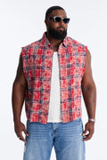 Rhinestone Rain Sleeveless Plaid Flannel - Red