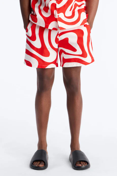 Groovy Abstract Printed Seersucker Swim Trunk 6″ - Red
