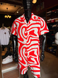 Relaxed Groovy Abstract Printed Seersucker Cuban Collar Button Up Shirt - Red